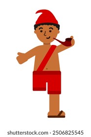 Brazilian folklore Saci character. One leg black skin kid in red shorts and hood, holding a pipe. Culture, mith, legend in South America, Brazil. Editable EPS vector.