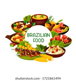 Brazilian food cuisine, Brazil meat and fish dishes vector menu. Brazilian cuisine food meals churrasco meat skewers, fish bacalhau, bean feijoada, liver with bananas and mango fried beef salad