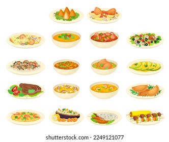 Brazilian Food and Dish Served in Bowl and on Plate Big Vector Set