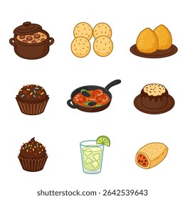Ícones gastronômicos brasileiros com culinária, pratos e vetores.