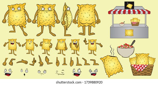 Brazilian food pastry. typical dish of the street fairs of southeastern Brazil, fried and raw. Cartoon character set. Eyes, arms, mouths and legs. Varied expressions.