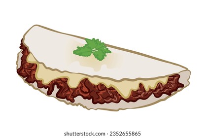 brasilianische Speisen Tapioca mit Trockenfleisch und Käse. Lebensmittel aus Cassava-Stärke mit verschiedenen Füllungen. Typische Delikatesse im Nordosten Brasiliens. Vektorgrafik einzeln auf weißem Hintergrund.