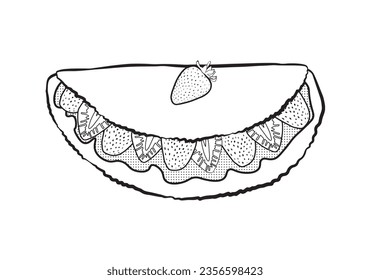 Brazilian food tapioca with strawberries and cream. Drawing made with black lines. Food made from cassava starch with various fillings. Vector illustration isolated on white background.