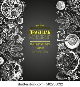 Brazilian food top view. Brazilian cuisine menu design. Vintage hand drawn sketch vector illustration.