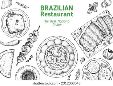 Ilustración vectorial del top de la comida brasileña. Plantilla de diseño de menú de comida. Esbozo dibujado a mano. Menú de comida brasileña. Estilo vintage.  Escondidinho, pastel, camarao na moranga, empadinha, costilla de barbacoa de Brasil