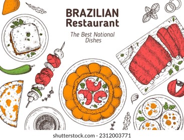 Ilustración vectorial del top de la comida brasileña. Plantilla de diseño de menú de comida. Esbozo dibujado a mano. Menú de comida brasileña. Estilo vintage.  Escondidinho, pastel, camarao na moranga, empadinha, costilla de barbacoa de Brasil