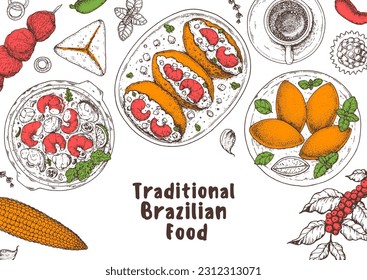 Brazilian food top view vector illustration. Food menu design template. Hand drawn sketch. Brazilian food menu. Moqueca, Acaraje, Brazilian kibe, Brigadeiro, Esfiha, Churrasco. Traditional Cuisine