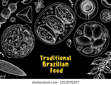 Brazilian food top view vector illustration. Food menu design template. Hand drawn sketch. Brazilian food menu. Moqueca, Acaraje, Brazilian kibe, Brigadeiro, Esfiha, Churrasco. Traditional Cuisine