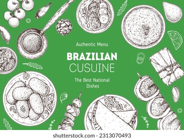 Ilustración vectorial del top de la comida brasileña. Plantilla de diseño de menú de comida. Esbozo dibujado a mano. Menú de comida brasileña. Estilo vintage. Kibe brasileño, panqueque de tapicería, Farofa, Pamonha, Guarana, Coxinha