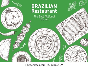 Ilustración vectorial del top de la comida brasileña. Plantilla de diseño de menú de comida. Esbozo dibujado a mano. Menú de comida brasileña. Estilo vintage. Escondidinho, pastel, camarao na moranga, empadinha, costilla de barbacoa de Brasil