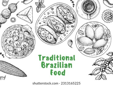 Brazilian food top view vector illustration. Food menu design template. Hand drawn sketch. Brazilian food menu. Moqueca, Acaraje, Brazilian kibe, Brigadeiro, Esfiha, Churrasco. Traditional Cuisine