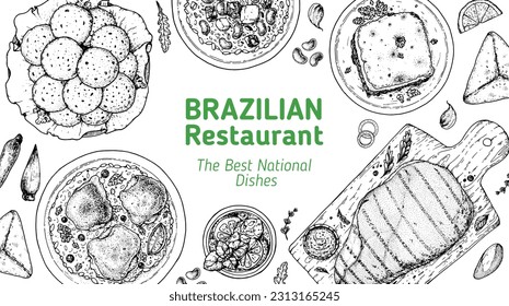 Brazilian food top view vector illustration. Food menu design template. Hand drawn sketch. Brazilian food menu. Traditional Brazilian cuisine. Pao de quejo, Galinhada, Escondidinho, Baiao de dois