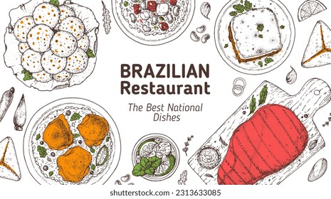 Brazilian food top view vector illustration. Food menu design template. Hand drawn sketch. Brazilian food menu. Traditional Brazilian cuisine. Pao de quejo, Galinhada, Escondidinho, Baiao de dois