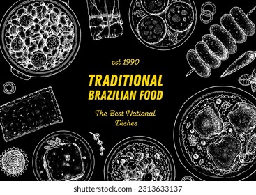 Brazilian food top view vector illustration. Food menu design template. Hand drawn sketch. Brazilian food menu. Vintage style. Feijoada, Pastel, Escondidinho, Baiao de dois, Galinhada, Churrasco 