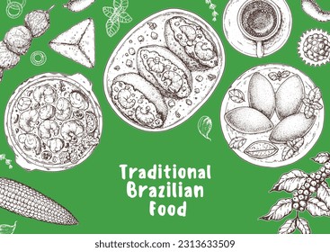 Brazilian food top view vector illustration. Food menu design template. Hand drawn sketch. Brazilian food menu. Moqueca, Acaraje, Brazilian kibe, Brigadeiro, Esfiha, Churrasco. Traditional Cuisine