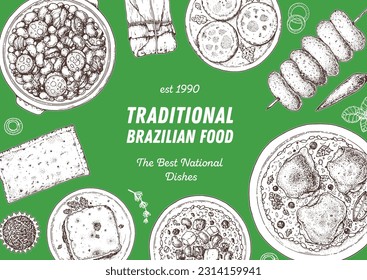 Brazilian food top view vector illustration. Food menu design template. Hand drawn sketch. Brazilian food menu. Vintage style. Feijoada, Pastel, Escondidinho, Baiao de dois, Galinhada, Churrasco 