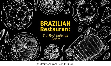 Brazilian food top view vector illustration. Food menu design template. Hand drawn sketch. Brazilian food menu. Traditional Brazilian cuisine. Pao de quejo, Galinhada, Escondidinho, Baiao de dois