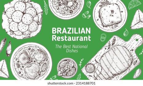 Brazilian food top view vector illustration. Food menu design template. Hand drawn sketch. Brazilian food menu. Traditional Brazilian cuisine. Pao de quejo, Galinhada, Escondidinho, Baiao de dois