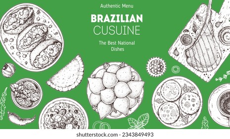 Brazilian food top view. Vector illustration. Food menu design template. Hand drawn sketch. Brazilian food menu. Traditional Brazilian cuisine. 