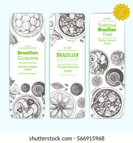 Brazilian food vintage design template. Vertical banners set. Vector illustration hand drawn linear art. Brazilian Cuisine restaurant menu. Hand drawn sketch vector banners