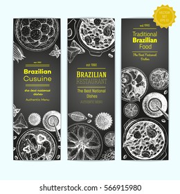 Brazilian food vintage design template. Vertical banners set. Vector illustration hand drawn linear art. Brazilian Cuisine restaurant menu. Hand drawn sketch vector banners