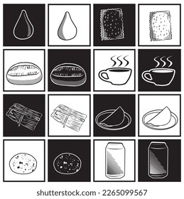 Brazilian foods drawings set. Collection of foods of Brazil with brazilian coxinha, pastry, bread, coffee, pamonha, tapioca, brazilian cheese bread and guarana. Vector Illustration.