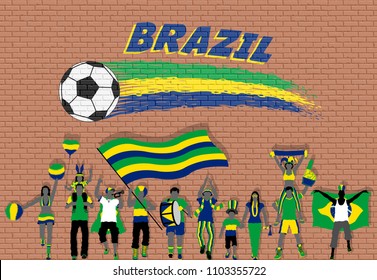 Brazilian football fans cheering with Brazil flag colors in front of soccer ball graffiti. All the objects are in different layers and the text types do not need any font. 