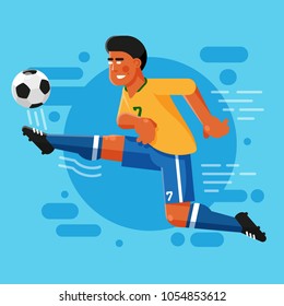 Brazilian football striker with an afro hairstyle in classic yellow blue uniform is hitting the ball. Flat illustration.