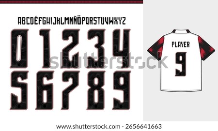 Brazilian football-inspired font vector with bold condensed letters and textured details. font flamengo vector team 2025 kit, perfect for fan apparel, posters, and sports-themed graphic design