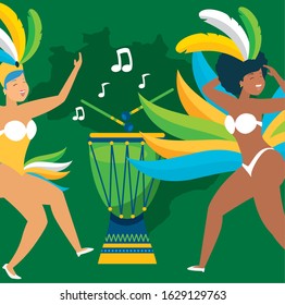 brazilian garotas dancing carnival characters vector illustration design