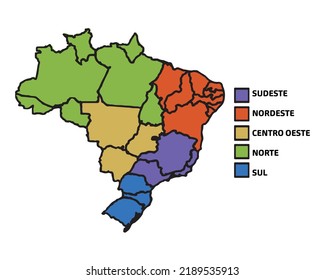 Brazilian Geographic Map Divided By Region - North, Northeast, Midwest, Southeast And South - Simple Vector Illustration.