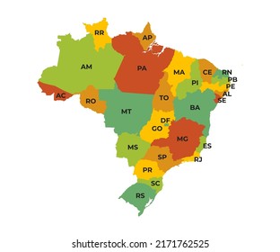 Brazilian geographic map of states with label in green, yellow, orange and red colors - simple vector illustration