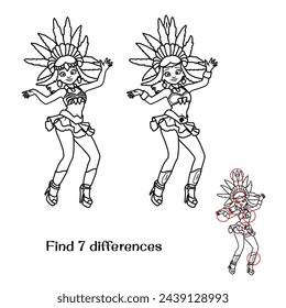 A Brazilian girl dances in a carnival costume. Find 7 differences. Tasks for children. Vector illustration