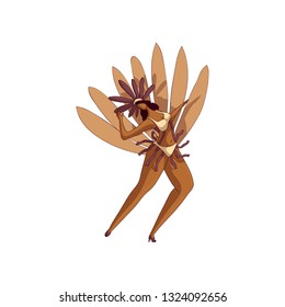 Brazilian girl in dancing action. Woman in bikini and headdress with feathers. Samba dancer. Vector design