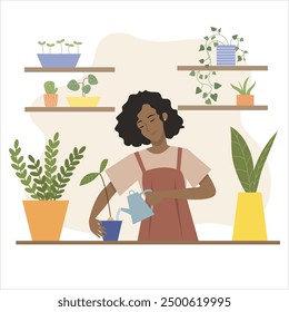 A Brazilian girl tends plants in a flower shop. Trendy illustration in flat style
