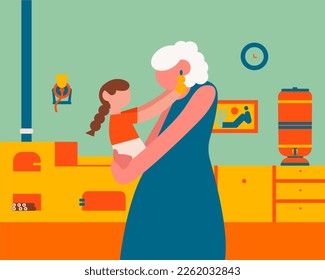 Brazilian grandmother and granddaughter together in the kitchen, with a wood stove in the background. Vector art.
