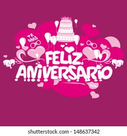 Brazilian Happy Birthday Card with typography, cake, hearts and balloons and best wishes in pink color shades