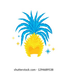Brazilian headdress with bright blue feathers. Element of carnival costume. Accessory of samba dancer. Flat vector icon