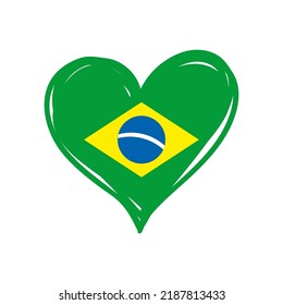 Brazilian heart. Flag of Brazil inside a doodle heart. Hand drawn fresh style. I love brazil.