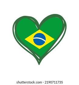 Brazilian heart. Flag of Brazil inside a doodle heart. Hand drawn fresh style. I love brazil.