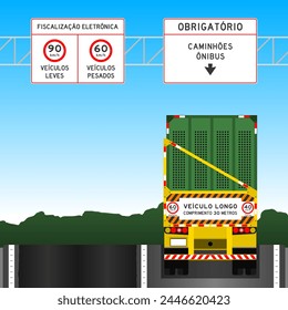 Carretera Brasileña con Camión - Brasil - Ilustración vectorial de un camión conduciendo a lo largo de una carretera brasileña con señales y montañas en el fondo