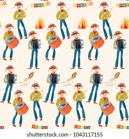 Brazilian holiday Festa Junina (the June party). Trio de Forró (a trio of musicians playing an accordion, a bass drum and a triangle). Seamless background pattern. Vector illustration