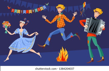 Brazilian holiday Festa Junina (the June party). Couple jumping over the fire, boy with an accordion. Vector illustration