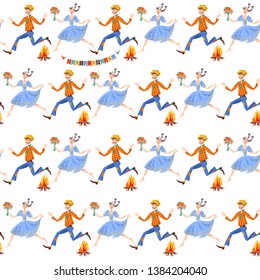 Brazilian holiday Festa Junina (the June party). Couple dancing traditional dance Quadrilha and jumping over the fire. Seamless background pattern. Vector illustration. 