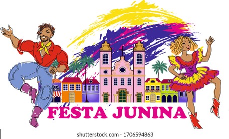 Brazilian holiday Festa Junina (the June party). Couple dancing traditional dance Quadrilha. Vector illustration