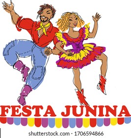 Brazilian holiday Festa Junina (the June party). Couple dancing traditional dance Quadrilha. Vector illustration