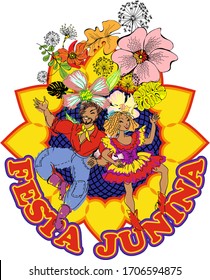 Brazilian holiday Festa Junina (the June party). Couple dancing traditional dance Quadrilha. Vector illustration