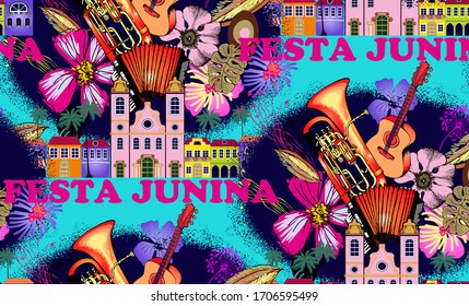 Brazilian holiday Festa Junina (the June party). Seamless pattern. Vector  Suitable for fabric, wrapping paper and the like