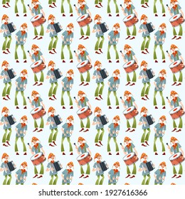 Brazilian holiday Festa Junina (the June party). Trio de Forró (a trio of musicians playing an accordion, a bass drum and a triangle). Seamless background pattern. Vector illustration