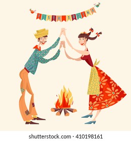 Brazilian holiday Festa Junina (the June party). Couple dancing traditional dance Quadrilha. Vector illustration